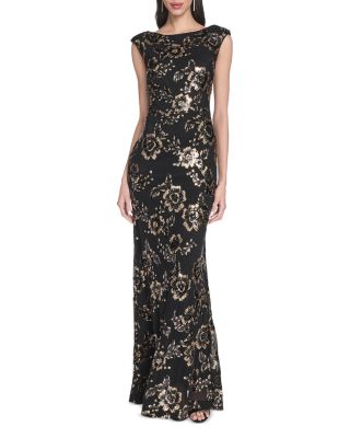 Floral Sequin Boat Neck Gown 