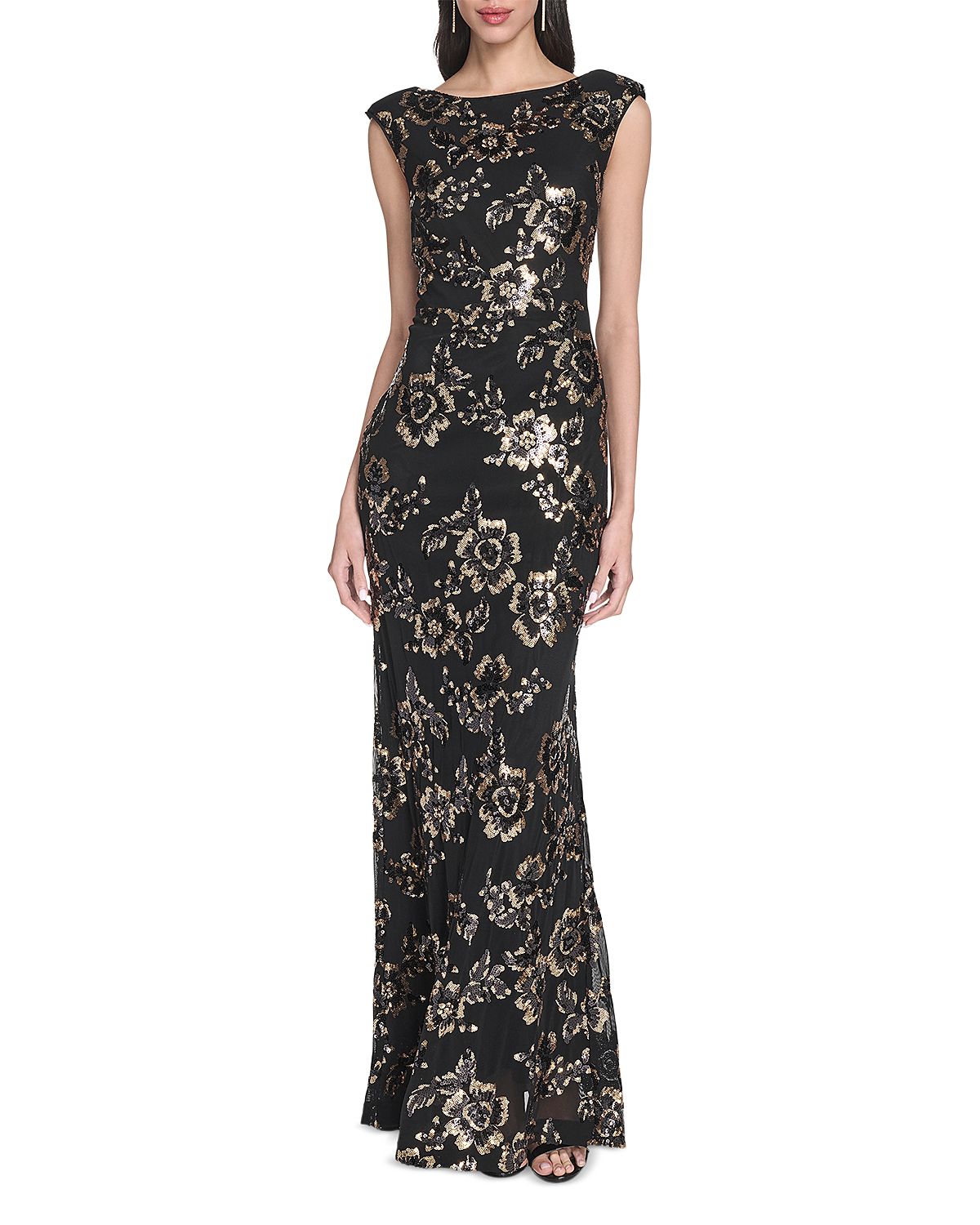 Eliza J Floral Sequin Boat Neck Gown