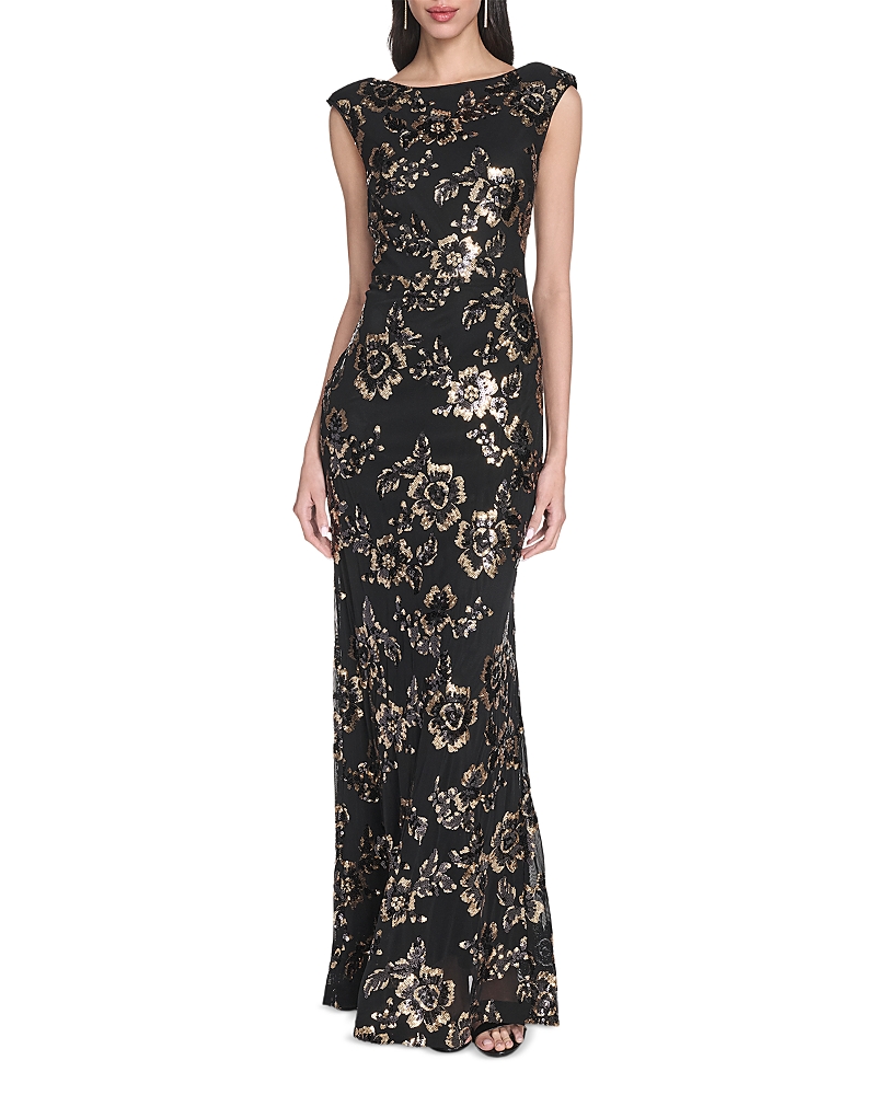 Eliza J Floral Sequin Boat Neck Gown