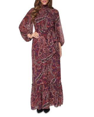 Mock Neck Tie Waist Tiered Maxi Dress