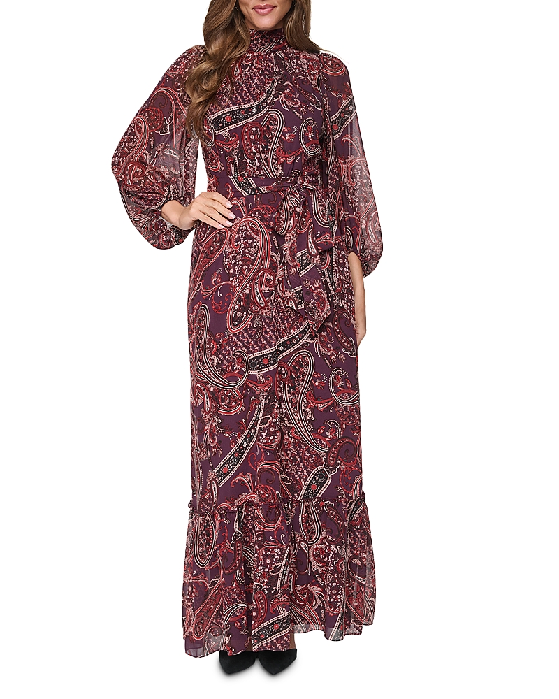 Eliza J Mock Neck Tie Waist Tiered Maxi Dress