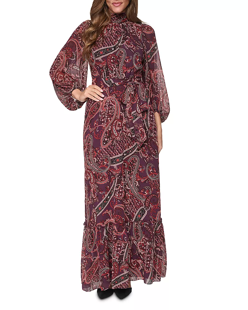 Eliza J Mock Neck Tie Waist Tiered Maxi Dress