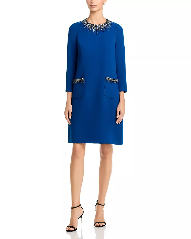 Teri Jon by Rickie Freeman Embellished Three Quarter Sleeve Shift Dress