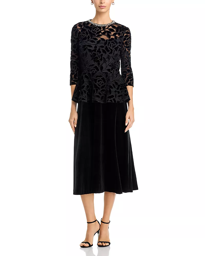 Teri Jon by Rickie Freeman Velvet Burnout Peplum Dress