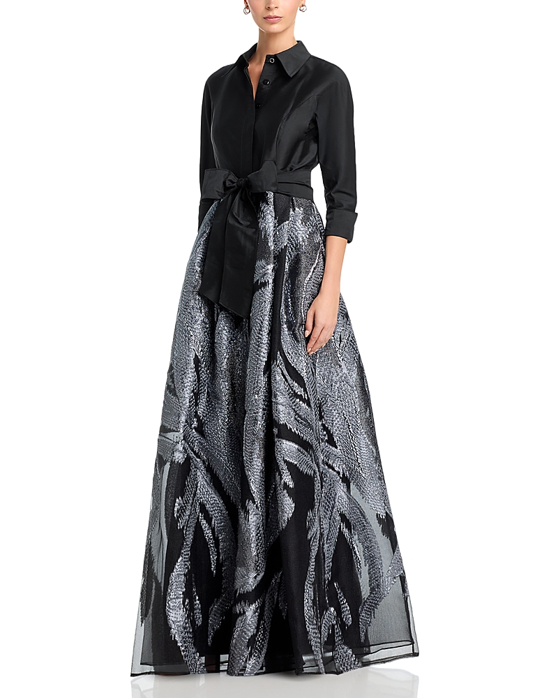 Teri Jon by Rickie Freeman Taffeta & Metallic Organza Shirtwaist Gown