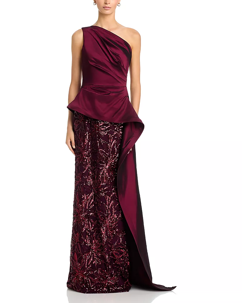 Teri Jon by Rickie Freeman Taffeta Sequin One Shoulder Gown