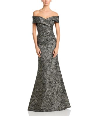 Metallic Leaf Jacquard Off-the-Shoulder Gown