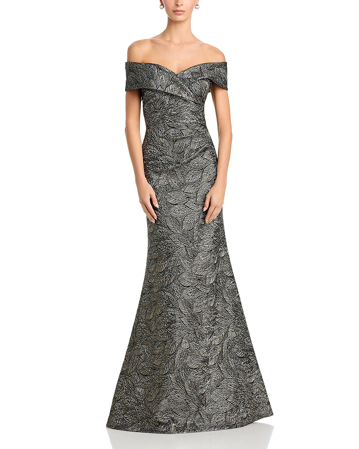 Teri Jon by Rickie Freeman Metallic Leaf Jacquard Off-the-Shoulder Gown