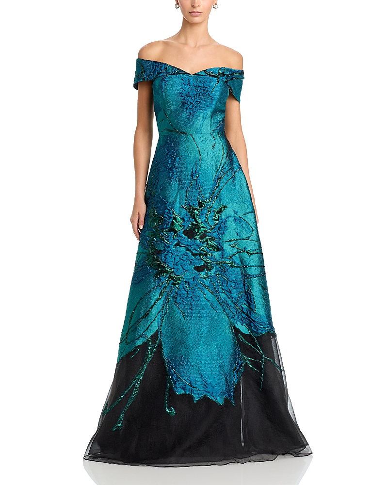 Teri Jon By Rickie Freeman Jacquard & Organza Off-the-Shoulder Gown