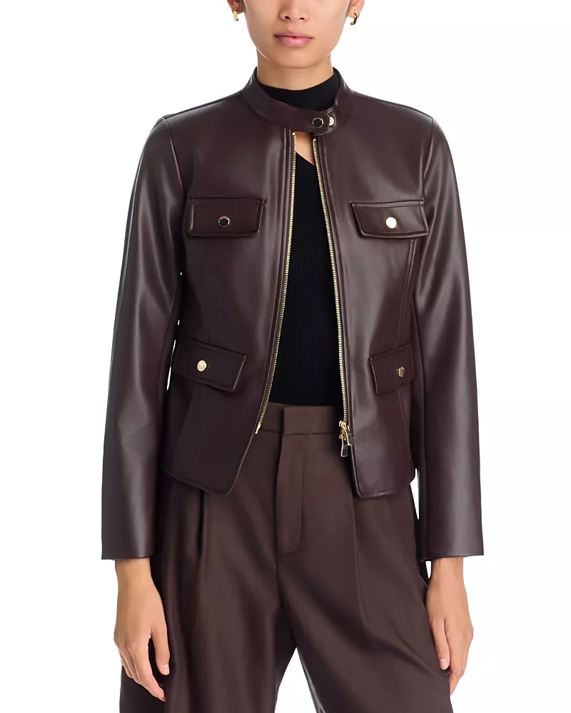 T Tahari Faux Leather Mixed Media Zip Front Jacket