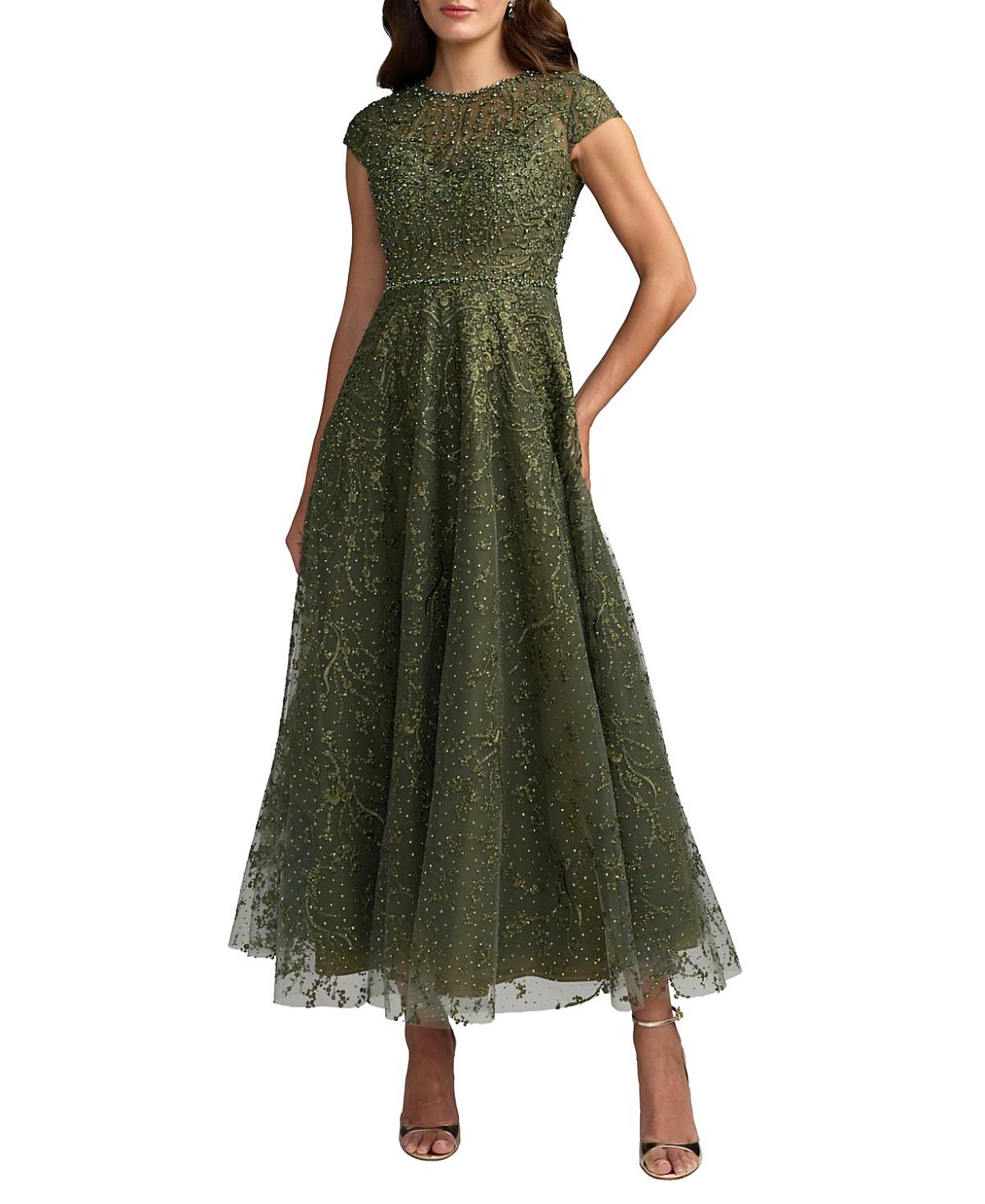 Mac Duggal Women's Embellished High Neck Cap Sleeve A Line Dress