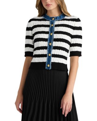 Denim Trim Cable Knit Short Sleeve Sweater