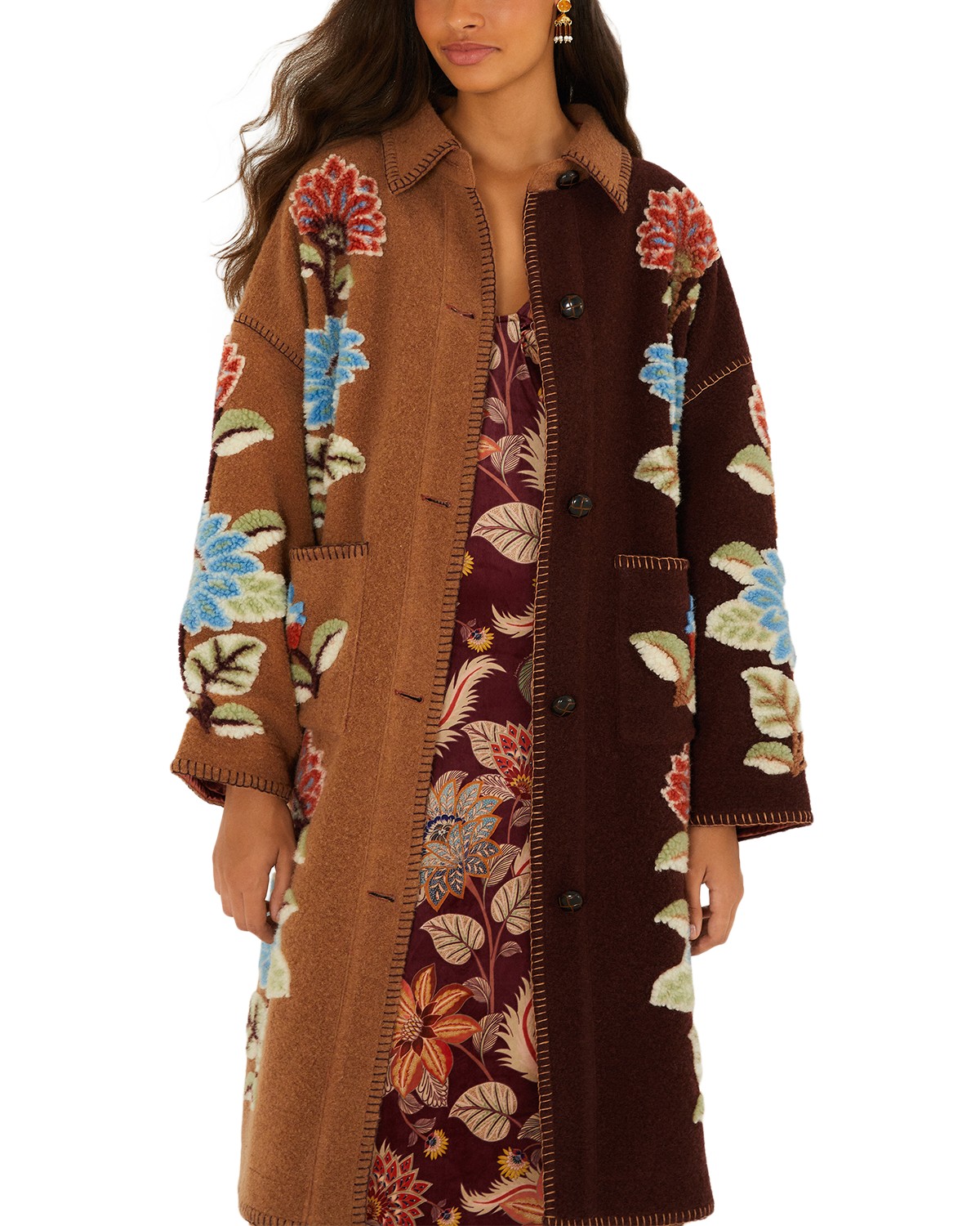 Blanket Stitch Fleece Midi Coat