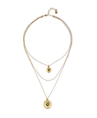  Triple Necklace Plated in  Gold with 2 Eye Charms and Green Faceted Crystal