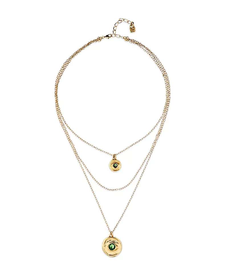 UNOde50 Triple Necklace Plated in Gold with 2 Eye Charms and Green Faceted Crystal