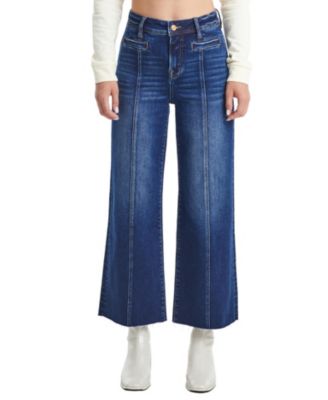  High Rise Wide Leg Vertical Front Seam Raw Hem Denim Jeans in Dark Blue Wash