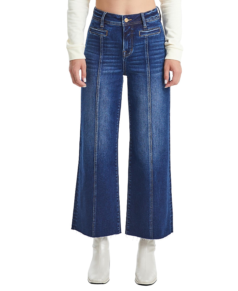 Bayeas High Rise Wide Leg Vertical Front Seam Raw Hem Denim Jeans in Dark Blue Wash