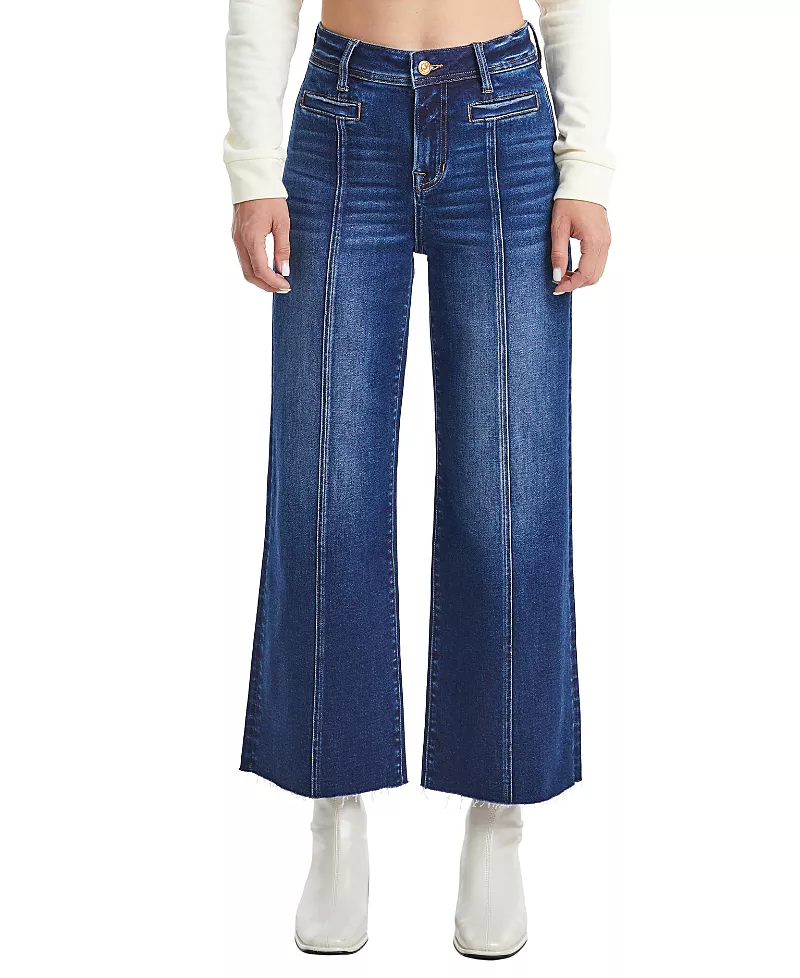 Bayeas High Rise Wide Leg Vertical Front Seam Raw Hem Denim Jeans in Dark Blue Wash