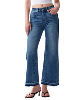  Mid Rise Wide Leg Frayed Hem Denim Jeans with Two-Tone Splice in Trappist-1e