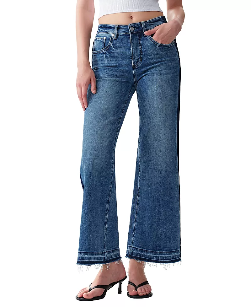 Bayeas Mid Rise Wide Leg Frayed Hem Denim Jeans with Two-Tone Splice in Trappist-1e