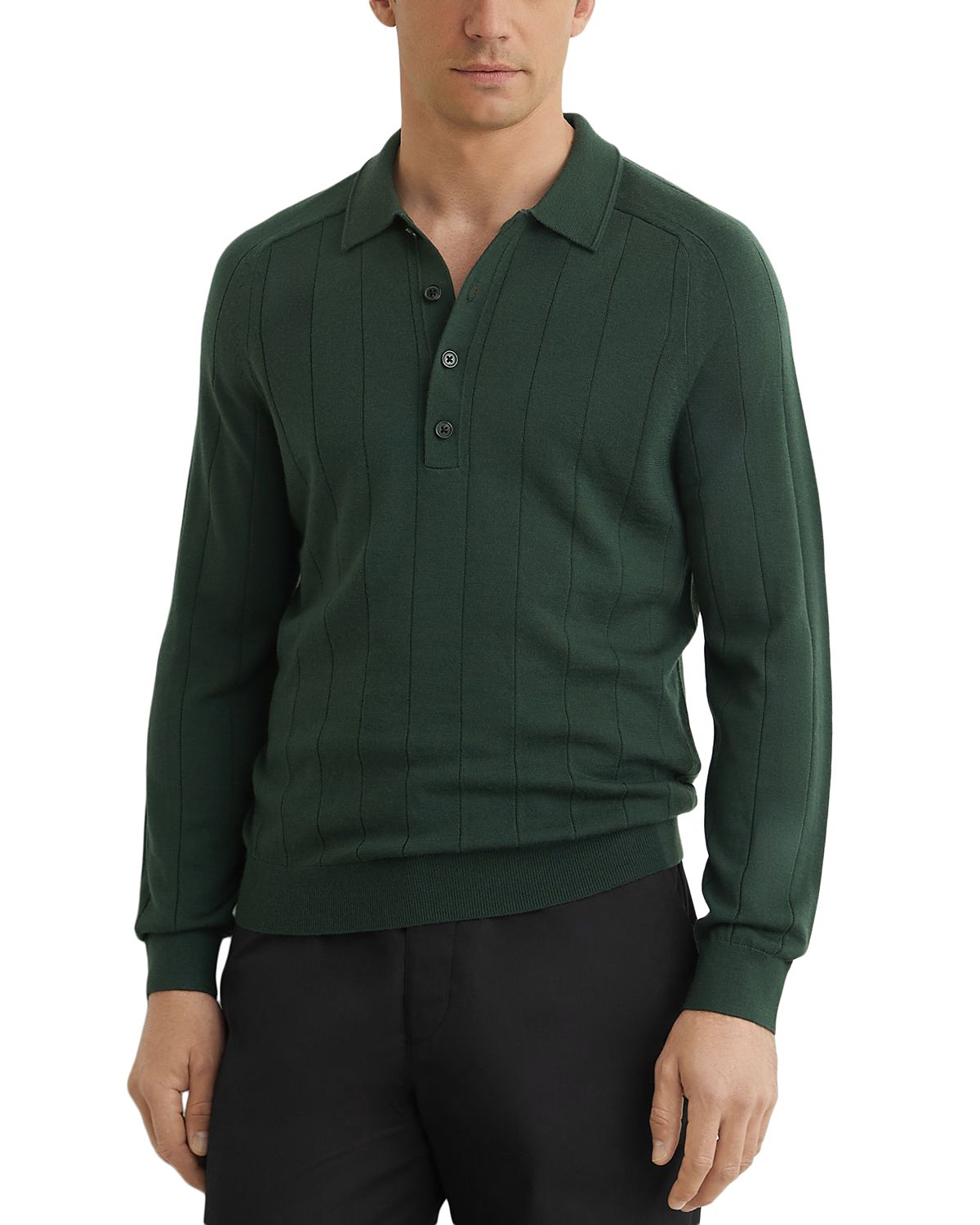 Reiss Greyson Ribbed Long Sleeve Merino Wool Polo