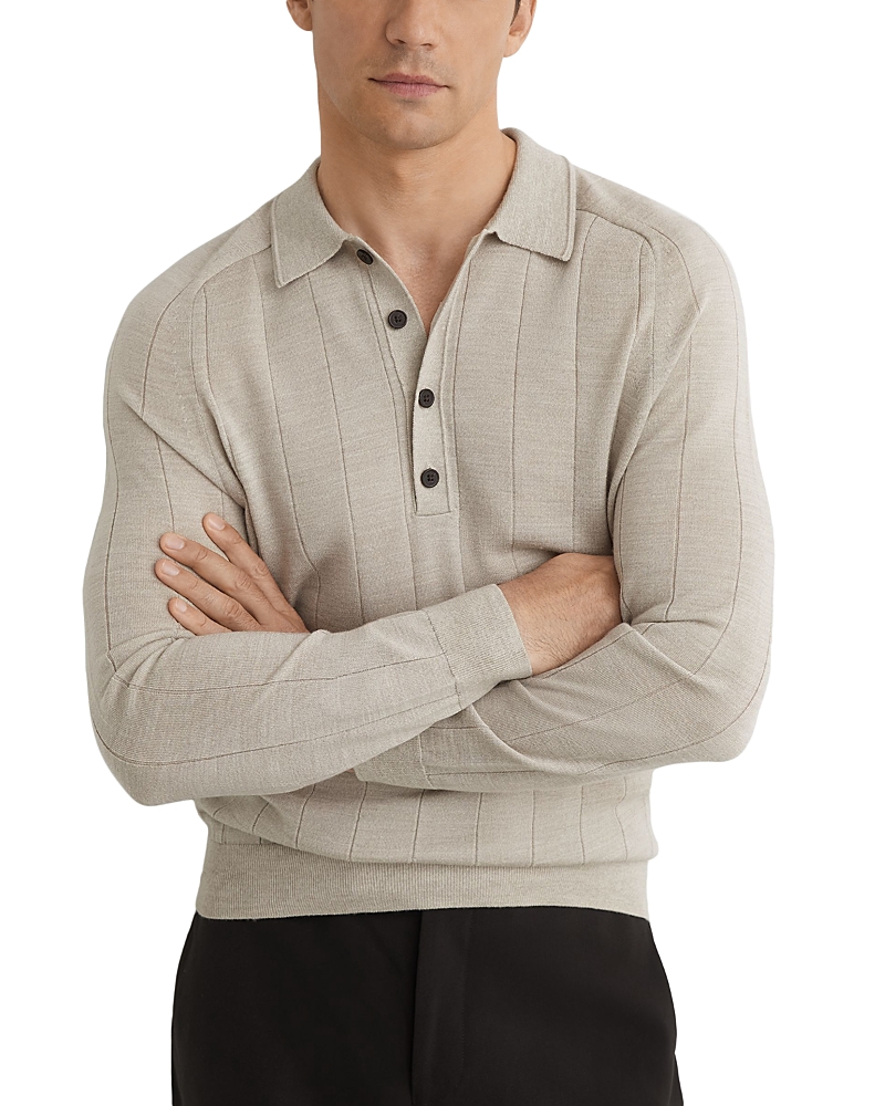 Reiss Greyson Ribbed Long Sleeve Merino Wool Polo