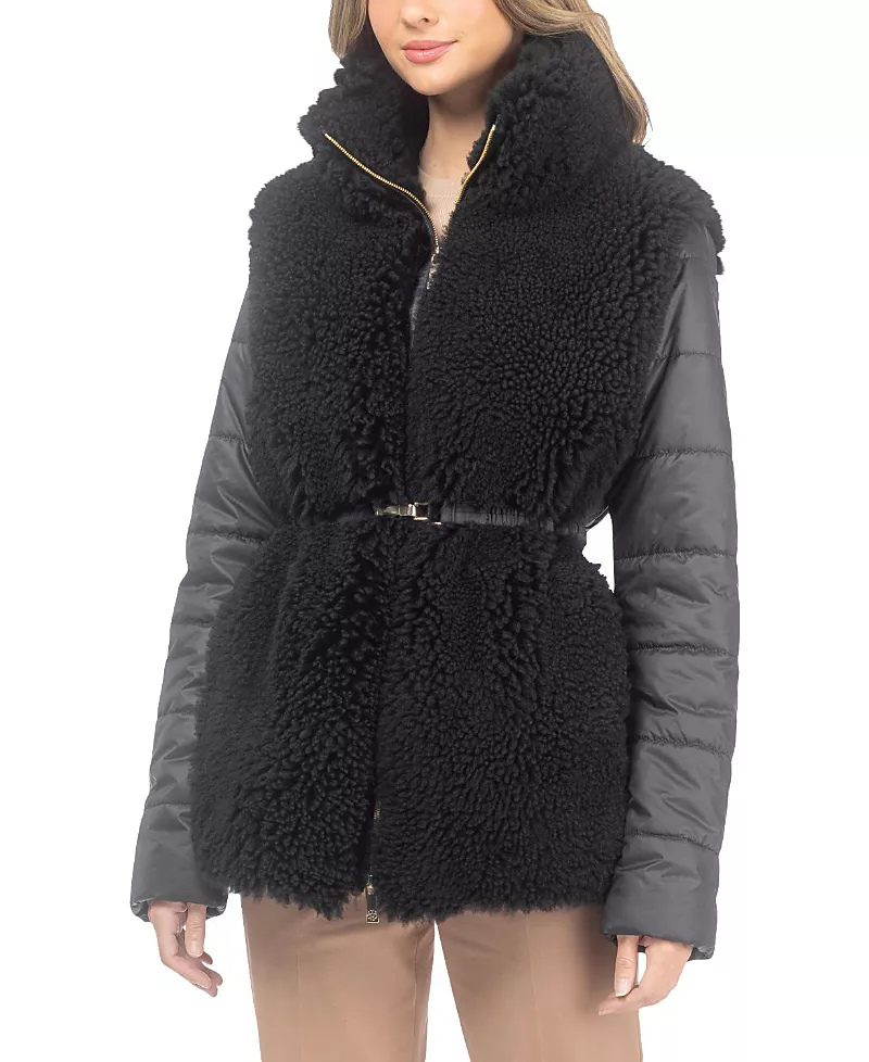 Gorski Curly Shearling Lamb Jacket with Quilted Sleeves and Back with Belt