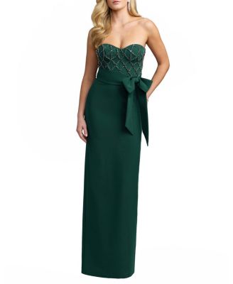  Strapless Crepe Embellished Bustier Gown with Bow
