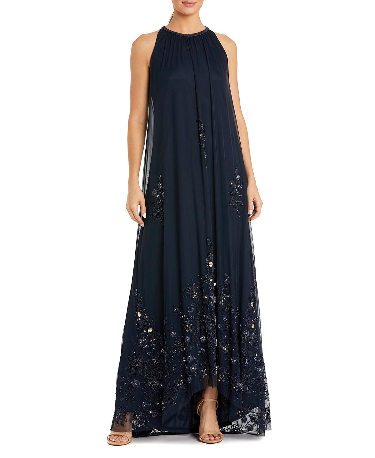 Mac Duggal High Neck Floral Embellished Trapeze Gown
