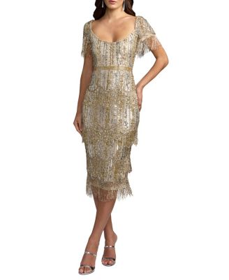 Short Sleeve Scoop Neck Fringe Beaded Dress