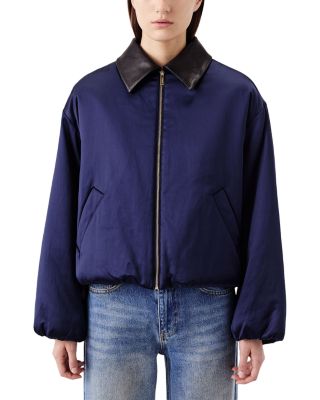 Zippered Leather Collar Bomber Jacket