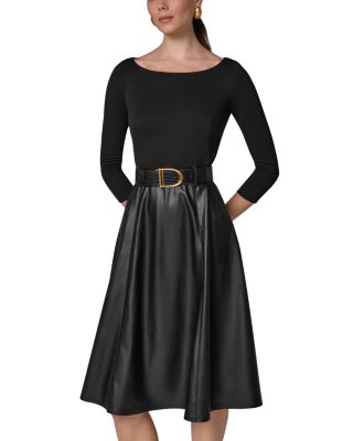 Boat Neck Mixed Media Belted Fit & Flare Dress