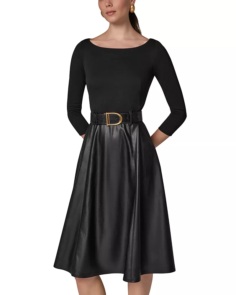 Donna Karan New York Boat Neck Mixed Media Belted Fit & Flare Dress