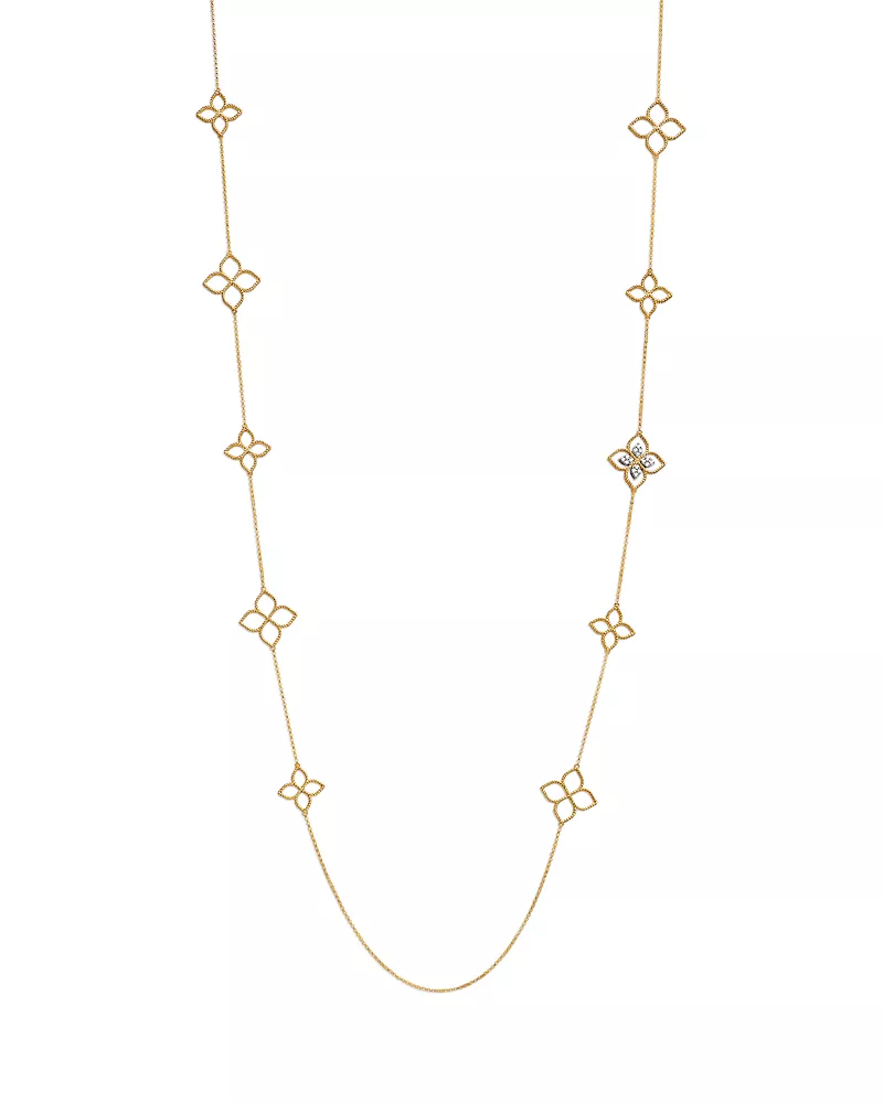 Roberto Coin 18K White & Yellow Gold Princess Diamond Flower Long Statement Necklace, 0.16 tcw