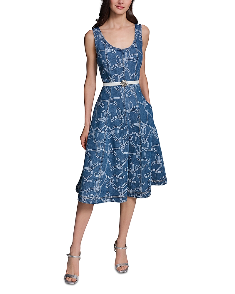 Karl Lagerfeld Paris Printed Denim Belted Midi Dress