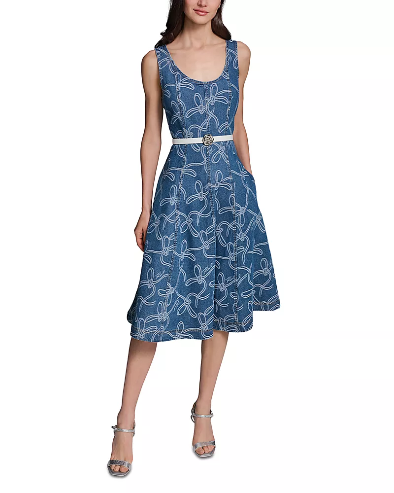 Karl Lagerfeld Paris Printed Denim Belted Midi Dress
