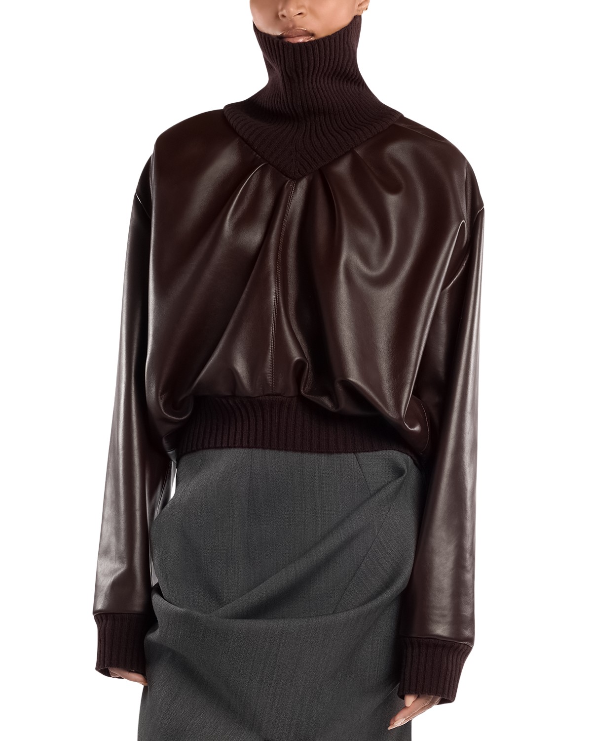 Leather Knit Trim Long Sleeve Top