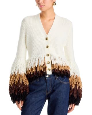 Fringe Trim Loop Stitch Shaped Cardigan