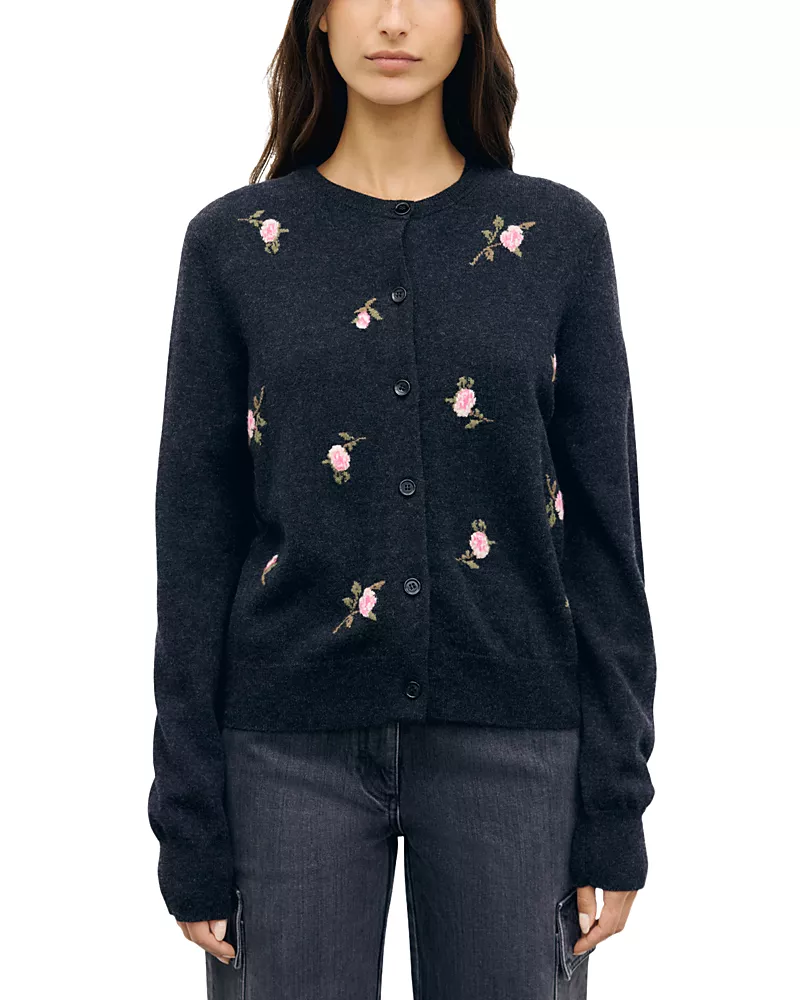 Gerard Darel Raymonde Wool Floral Intarsia Cardigan