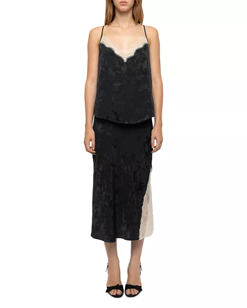Jayla Silk Jacquard Lace-Trim Skirt