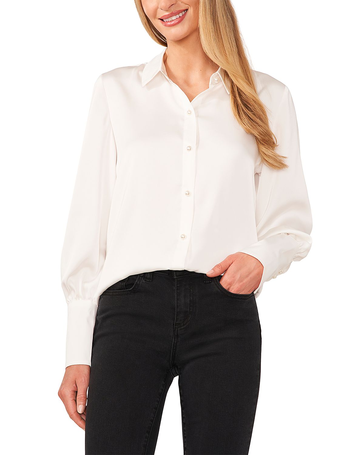 CeCe Satin Faux Pearl Button Blouse
