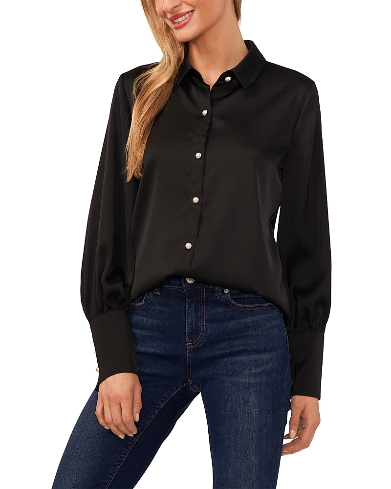 CeCe Satin Faux Pearl Button Blouse