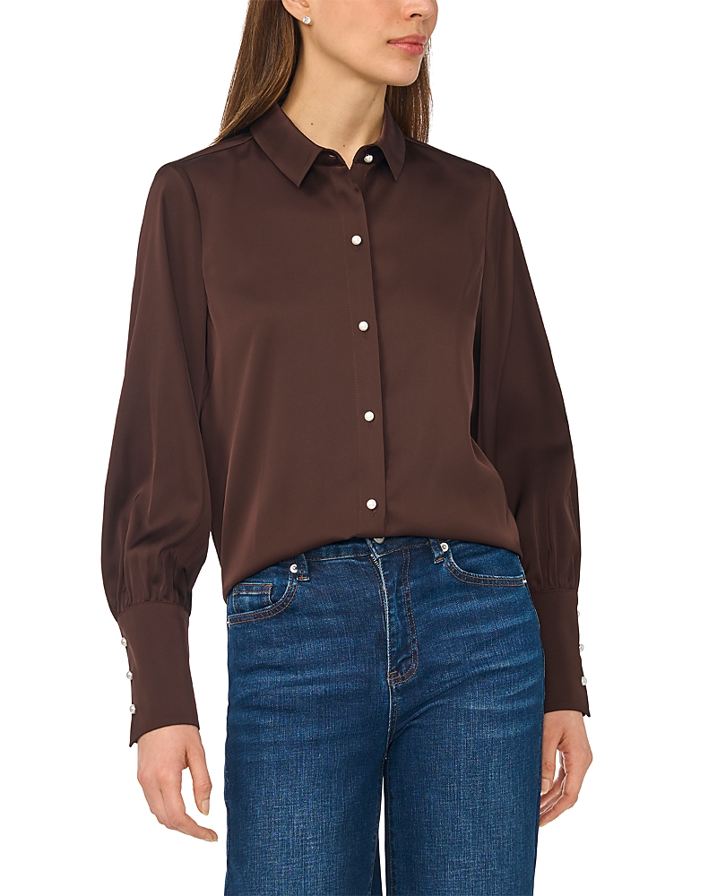 Cece Satin Faux Pearl Button Blouse