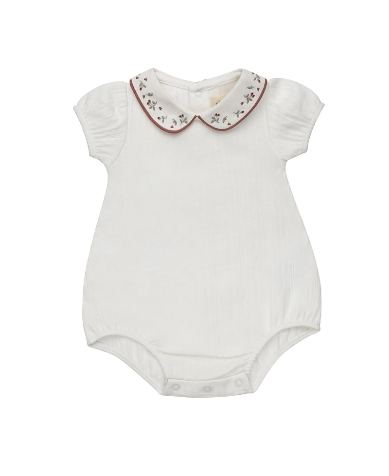 Ely's & Co. Unisex Embroidered Collar Collection Romper - Baby In Ivory/pink