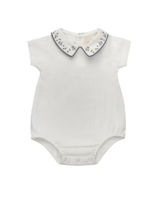 Ely's & Co. Unisex Embroidered Collar Collection Romper - Baby In Ivory/blue