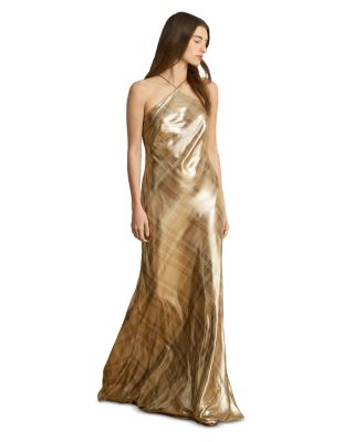 Plaid Metallic Georgette Halter Gown