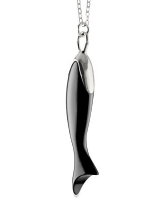 Sterling Silver & Black Ceramic Perseverance Fish Charm Necklace, 30"