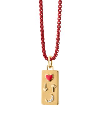 18K Yellow Gold & Red Steel Sun Moon & Stars Diamond & Red Enamel To the Moon and Back Tag Pendant Necklace, 20"