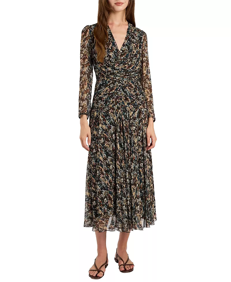 Santorelli Sonia Long Sleeve Ruched Dress in Abstract Floral Print