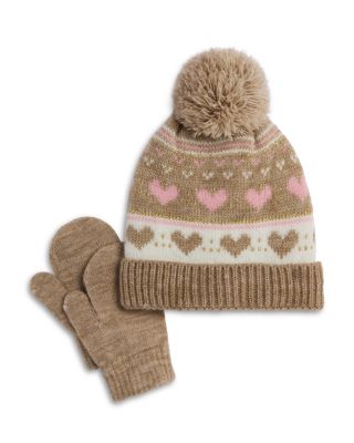 Girls' Heart Fairisle Hat with Rib Knit Cuff & Mittens Set - Baby, Little Kid